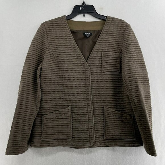 Worth Cardigan Jacket Women Sz 12 Taupe Button-Up Ribbed V-Neck Stretch Pockets - Picture 1 of 13